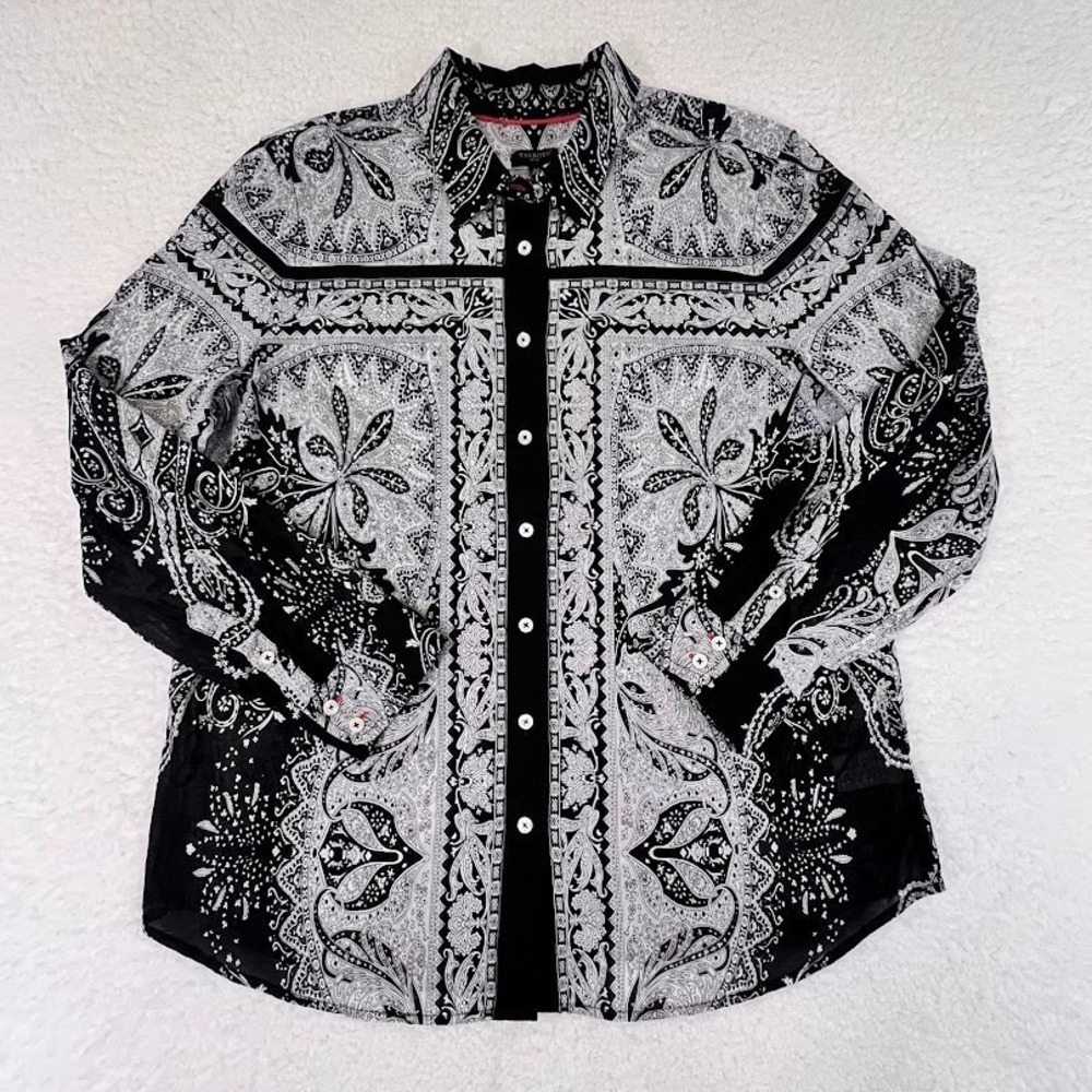 Talbots Petite Paisley Shirt Black White Sheer Cotton Button Up LP
